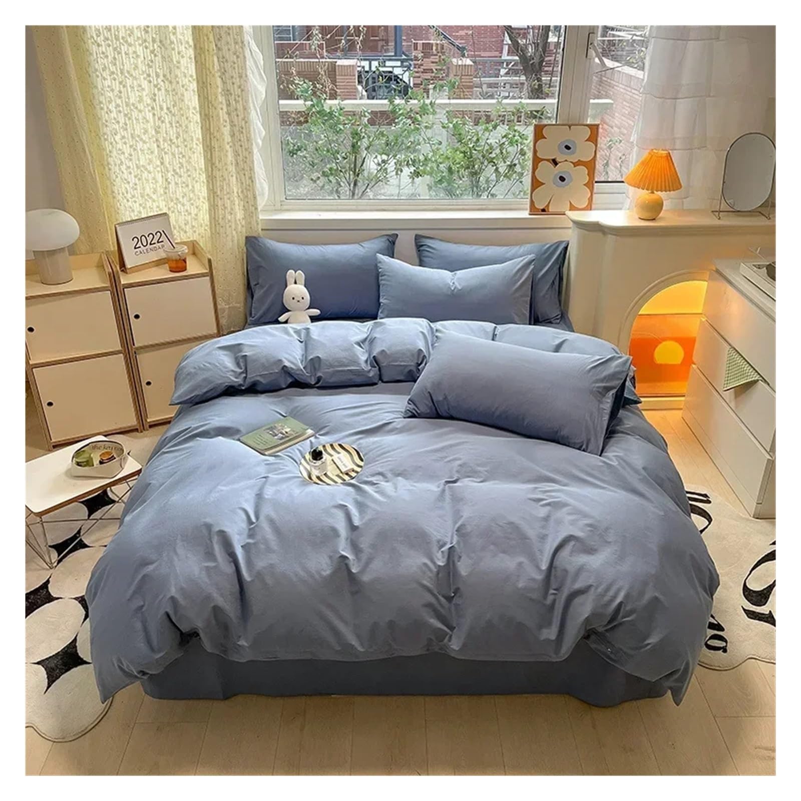 . Homestay Cotton Solid Color Cotton Nowoczesny prosty czteroczęściowy zestaw tekstyliów domowych, pościel(Blu,Queen)