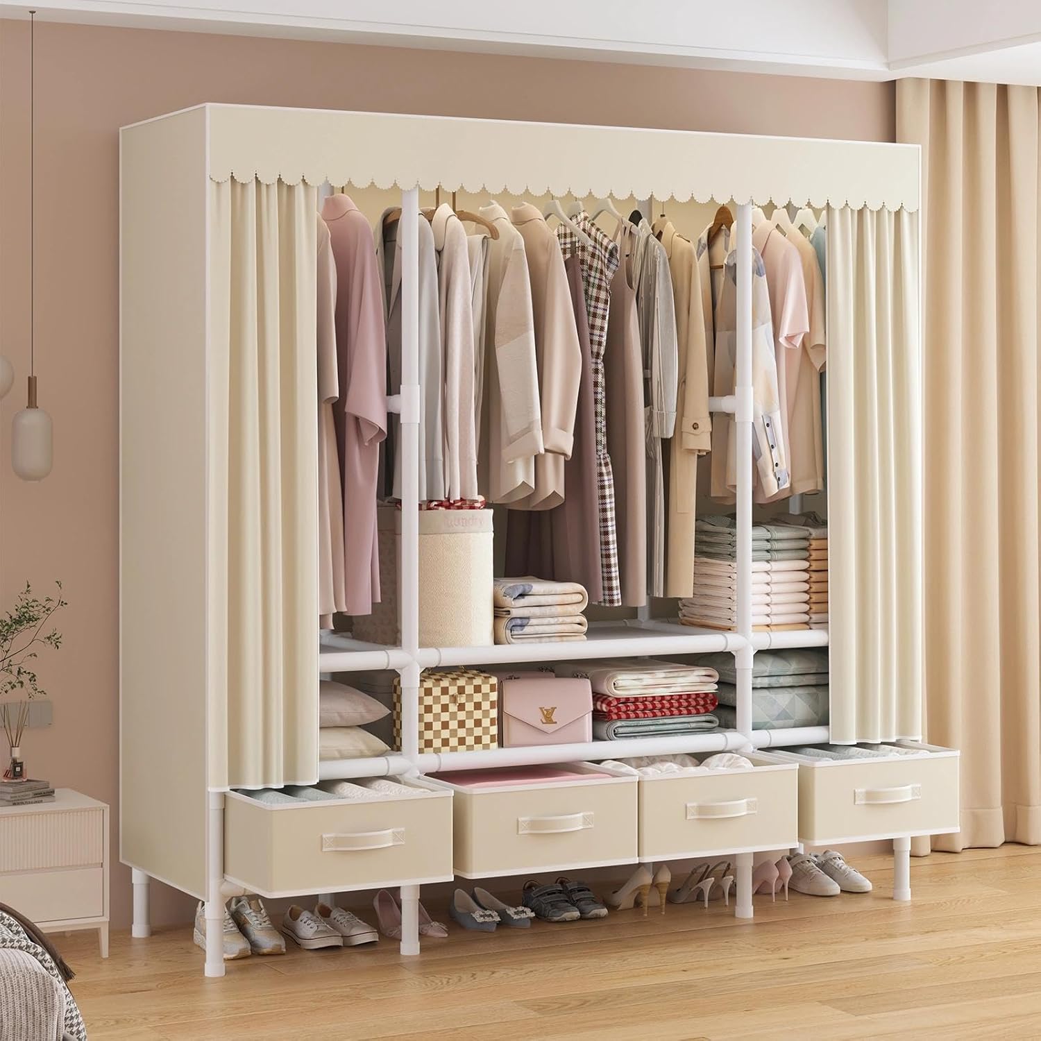 portable closet,garment rack,heavy duty clothes rack with cover,wardrobe closet with 3 hanging rods, 6 storage shelves and 4 drawers,55.1" l x 17.7" w x 67.7" h,pale yellow pale yellow-b 55.1" l