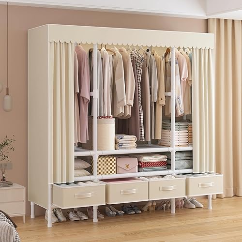 Miniatura 2 de Armario portátil, perchero resistente con cubierta, armario con 3 varillas para colgar, 6 estantes de almacenamiento y 4 cajones, 55.1 pulgadas de