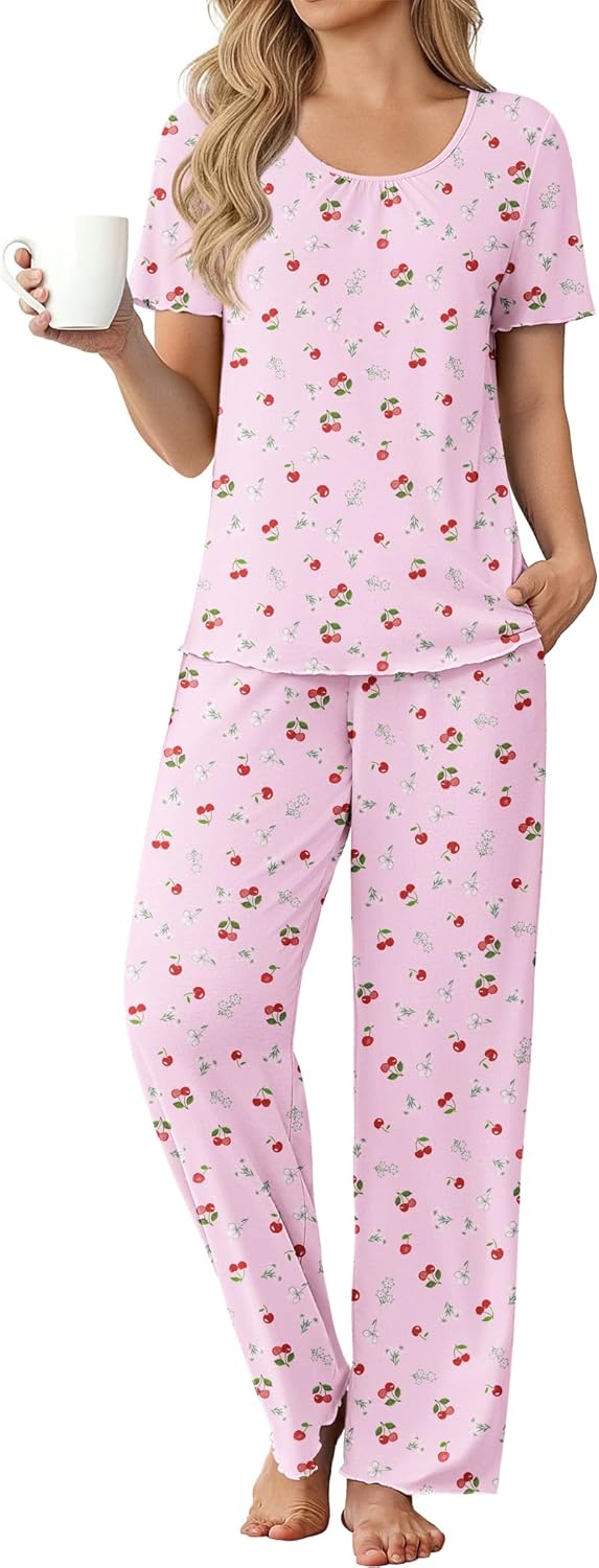 Ekouaer Womens Pajama Sets Viscose from bamboo Lounge Set Soft Pajamas for Women Set Short Sleeve and Long Pants Sleepwear