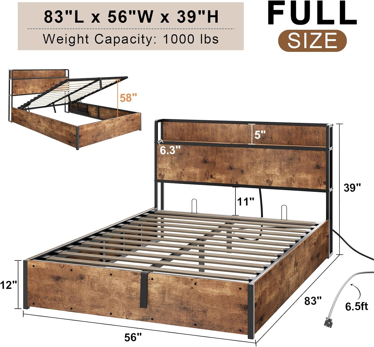Diagram showing the dimensions (83 inches L x 56 inches W x 39 inches H) and weight capacity (1000 lbs) of the Full size AMERLIFE bed frame.