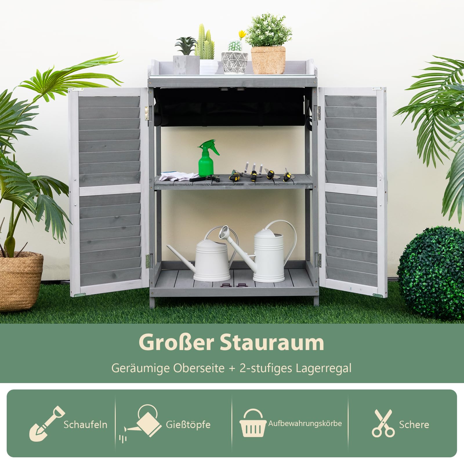 GOPLUS Gartenschrank Holz, Holzschrank mit Metalltischplatte & 2 Ablagen, Geräteschrank Gartenschuppen mit Belüftungstür, für Garten & Hinterhof, 67 x 47 x 100 cm