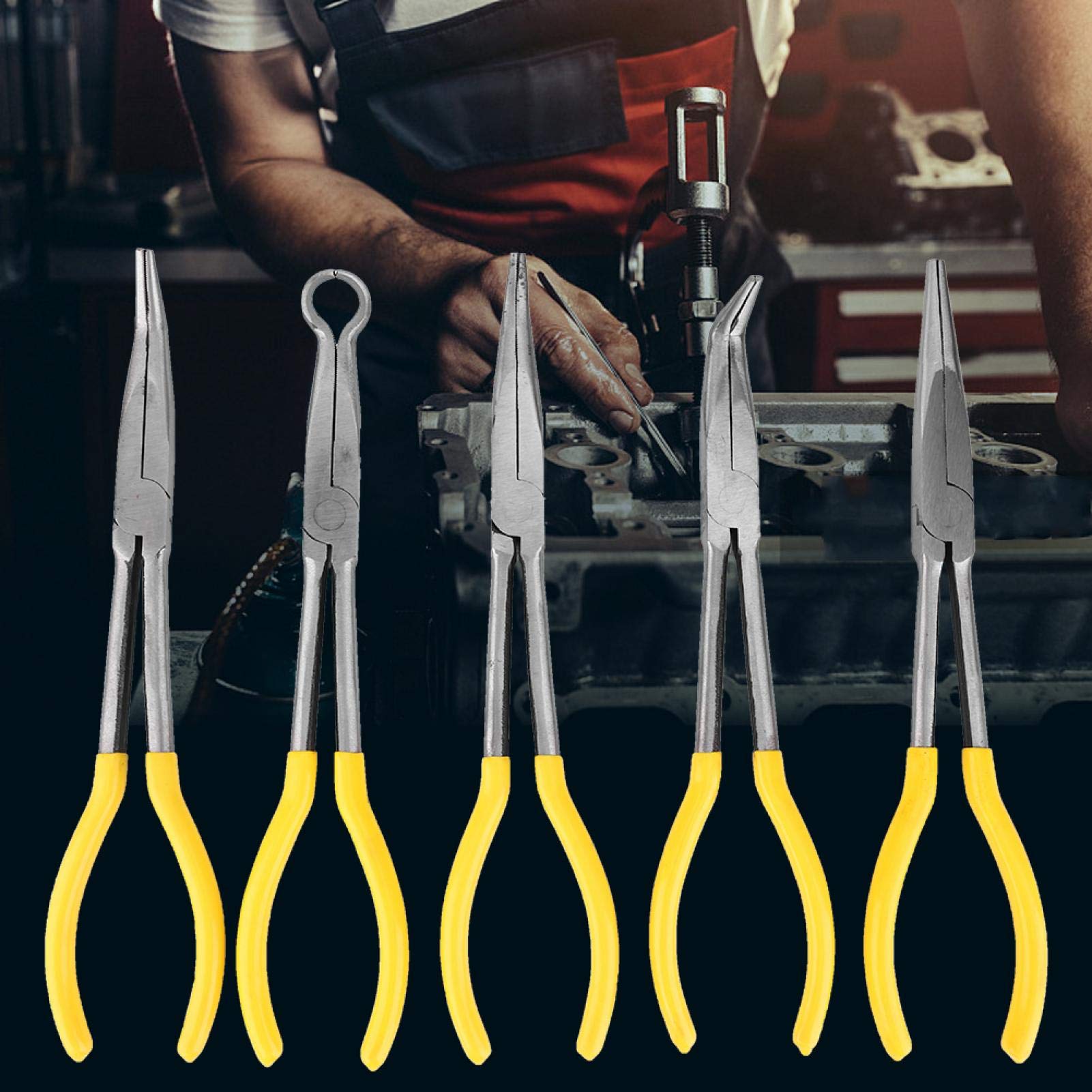 Pinze a becchi lunghi, pinze, 5 pezzi Pinze a becchi lunghi in acciaio al carbonio Utensile manuale con morsetto a forma di O con impugnatura antiscivolo 11 pollici