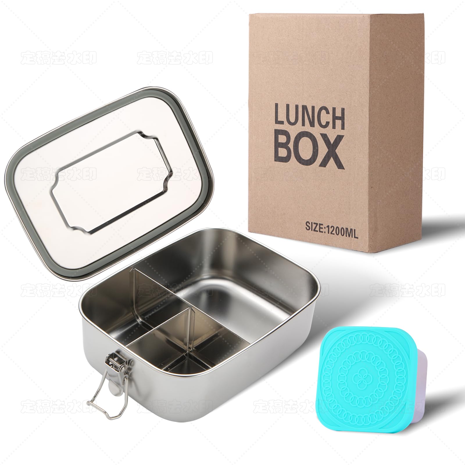 LEEPENK Stainless Steel Bento Box (40oz) with 6oz Condiment Container for Women, Leak Proof Metal Lunch Container with 3 Compartments, Metal Food Storage Lunch box for Work, Travel, Adults