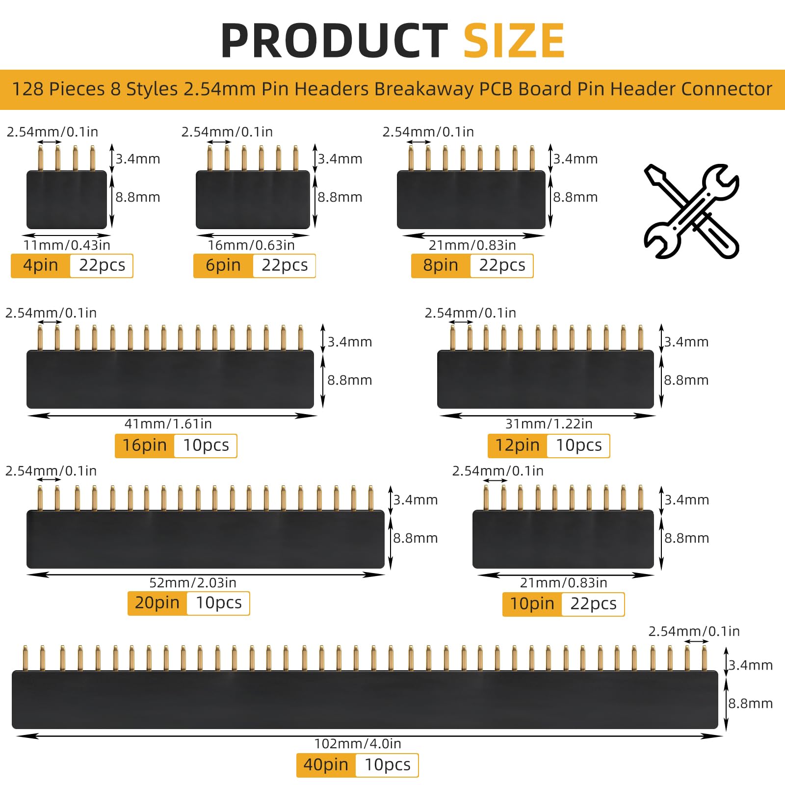 128 szt. Złącza PCB 2,54 mm Asortyment prosty pojedynczy rząd karta żeńska układana w stos pojedynczy rząd pinów długość 11 mm (4/6/8/10/12/16/20/40 pinów)