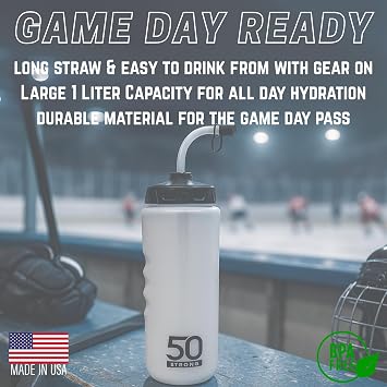 50 Strong | Hockey & Lacrosse Water Bottle with Straw, 1 Liter