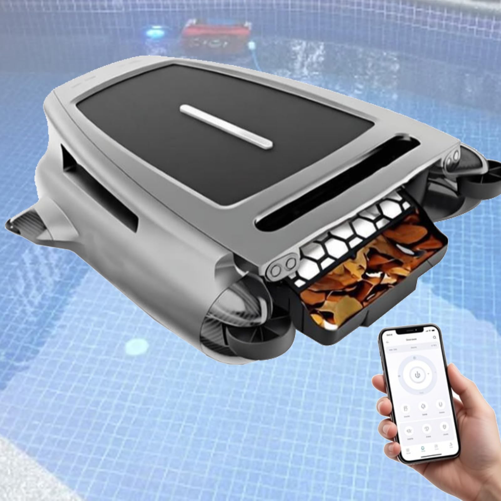 Limpiador de piscinas robótico eléctrico solar – Skimmer inalámbrico con control de aplicación, carga dual, cobertura de 200㎡, filtración de 450 μm para una limpieza eficiente de la piscina