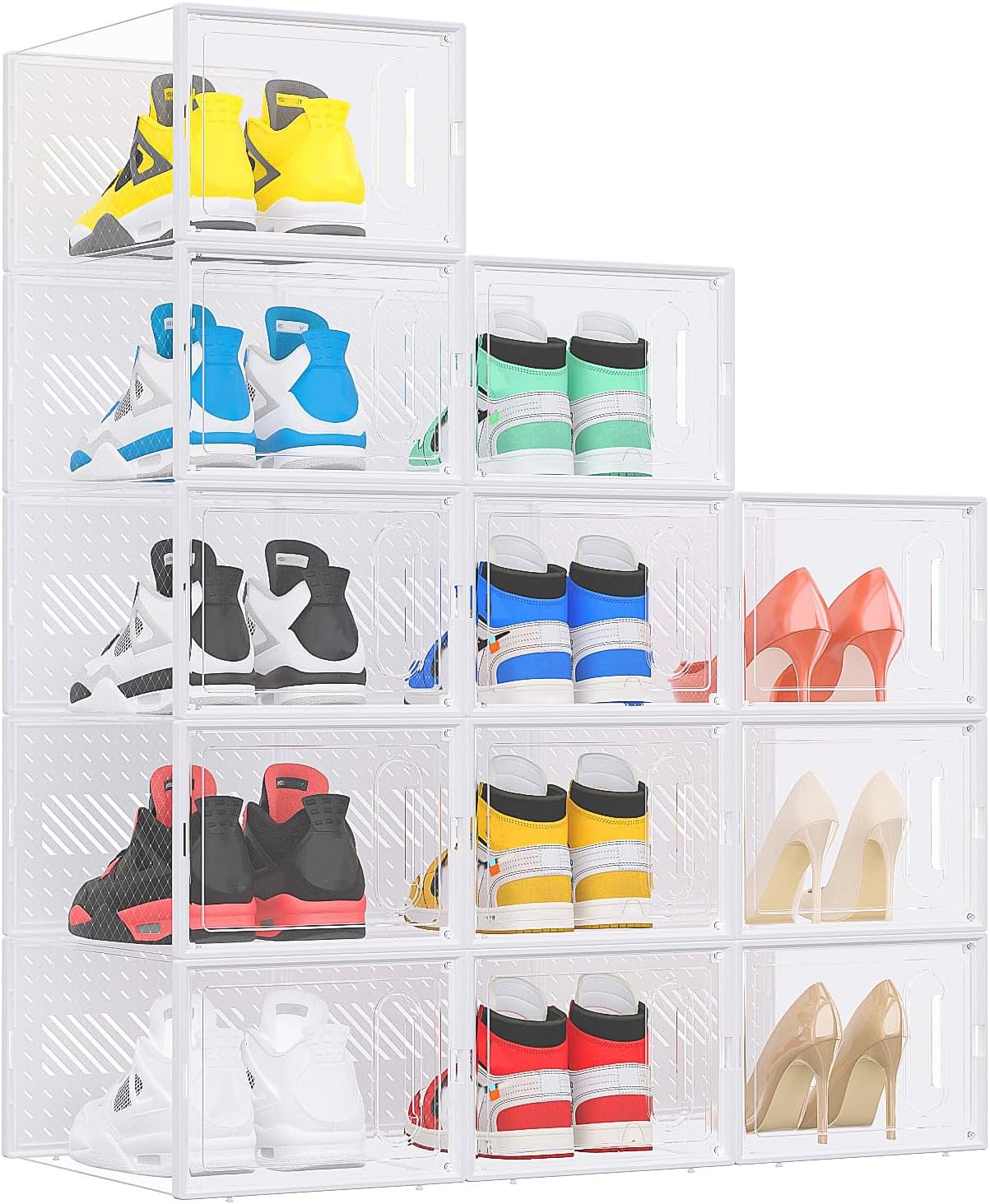 eWonLife Large Shoe Organizer Storage Box with Magnetic Door,12 Pack Clear Plastic Stackable Sneaker Containers for Closet, Connect Left and Right Shoe Box for Entryway, Drop Front, Under Bed (White)