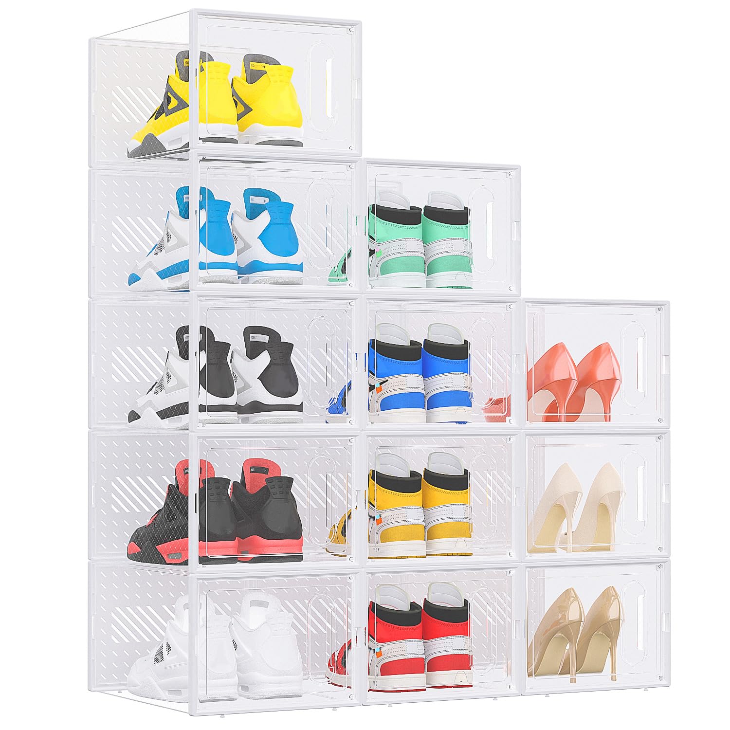 Photo 1 of ***MISSING PARTS***eWonLife Large Shoe Organizer Storage Box with Magnetic Door,12 Pack Clear Plastic Stackable Sneaker Containers for Closet, Connect Left and Right Shoe Box for Entryway, Drop Front, Under Bed (White)