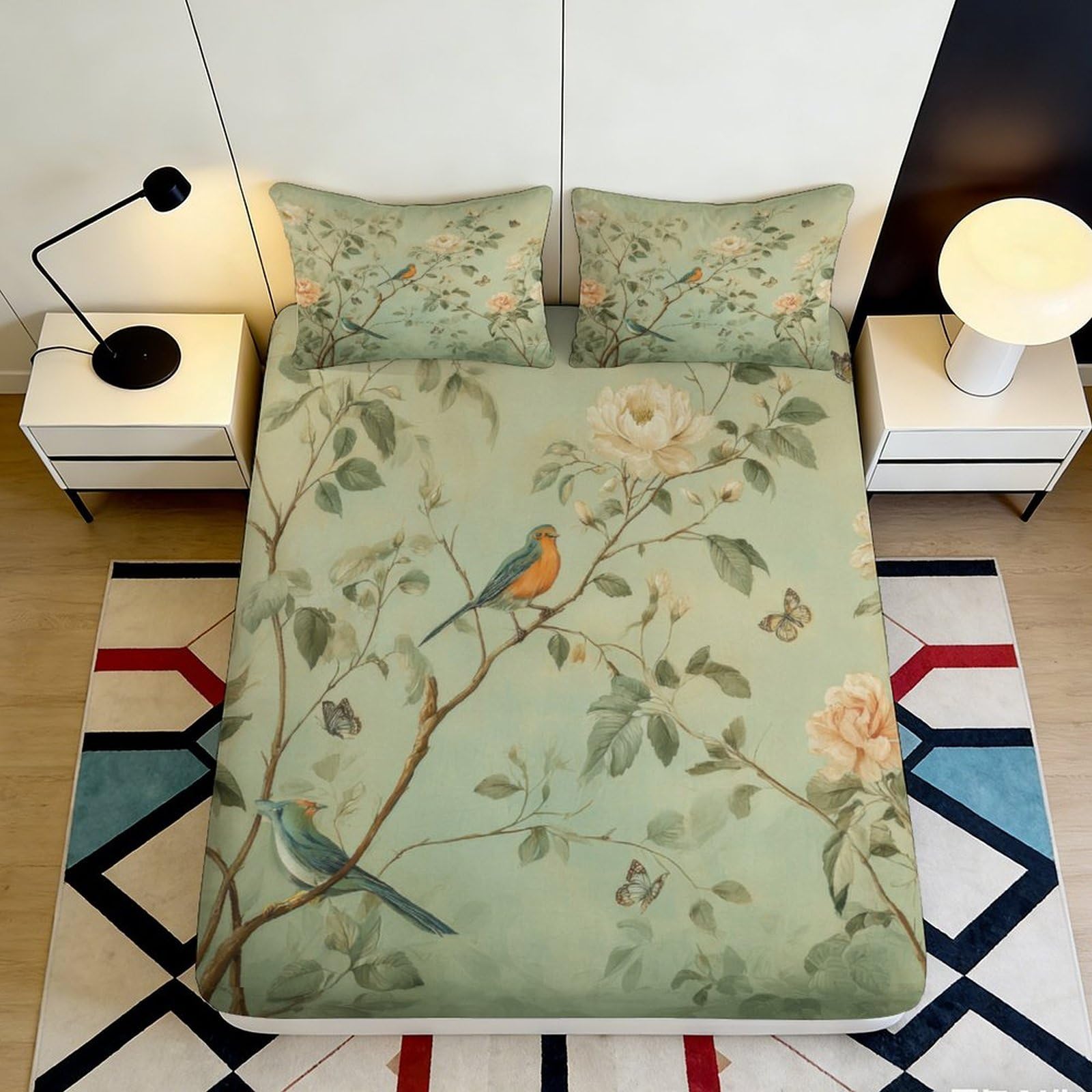 3D Printed Bird Floral Fitted Sheet Microfiber Soft Green Botanical Mattress Cover for Bedroom Guestroom Decor 90x200x25cm