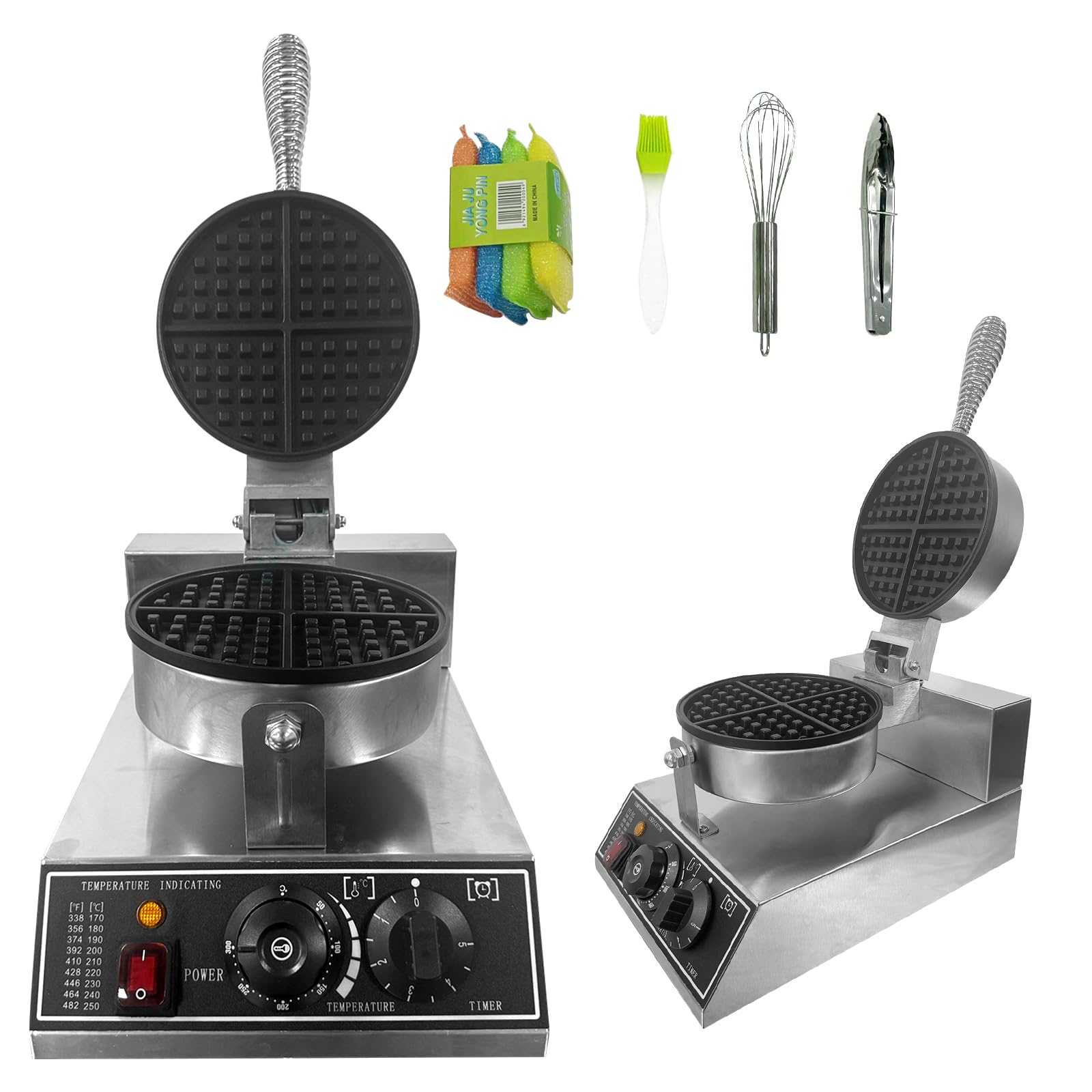 Commercial Waffle Maker, 1200W Stainless Steel Nonstick Round Waffle Iron with 122℉ to 572℉ Temp Range &amp; Time Control, for Household Bakeries Snack Bar