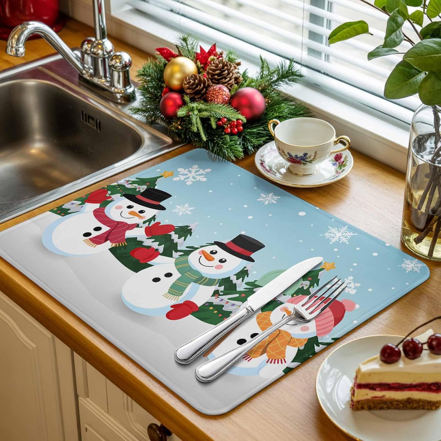 Christmas Snowman Pine Tree Dish Drying Mats for Kitchen Counter,Absorbent Microfiber Dish Drainer Rack Mat Winter Snowflake Light Blue Drying Pad for Sinks,Utensils,Countertops,18x24in