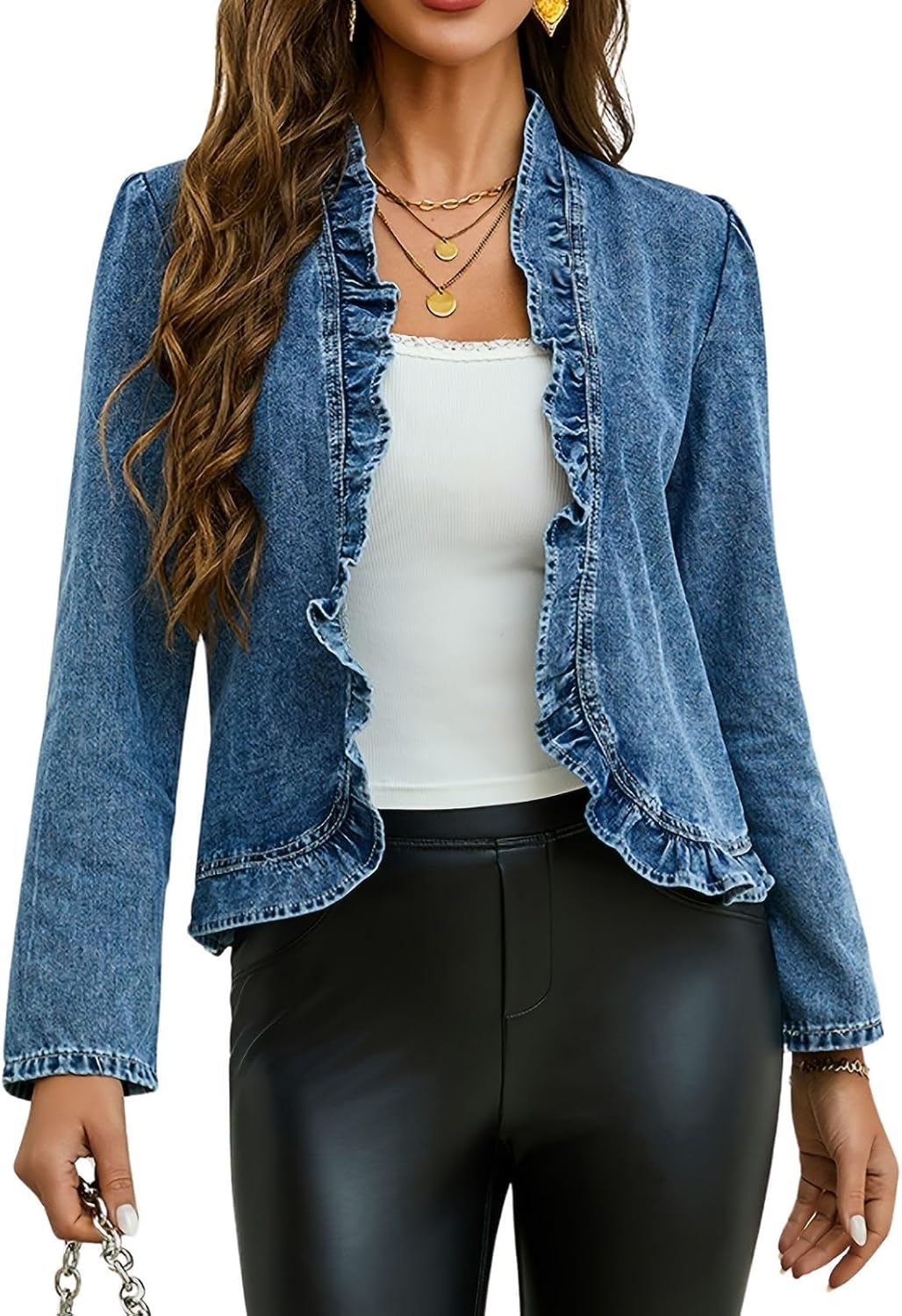 Women's Ruffled Denim Jackets Long Sleeve Open Front Cardigan Jean Cropped Top Coat 2026 Trendy Jean Jackets