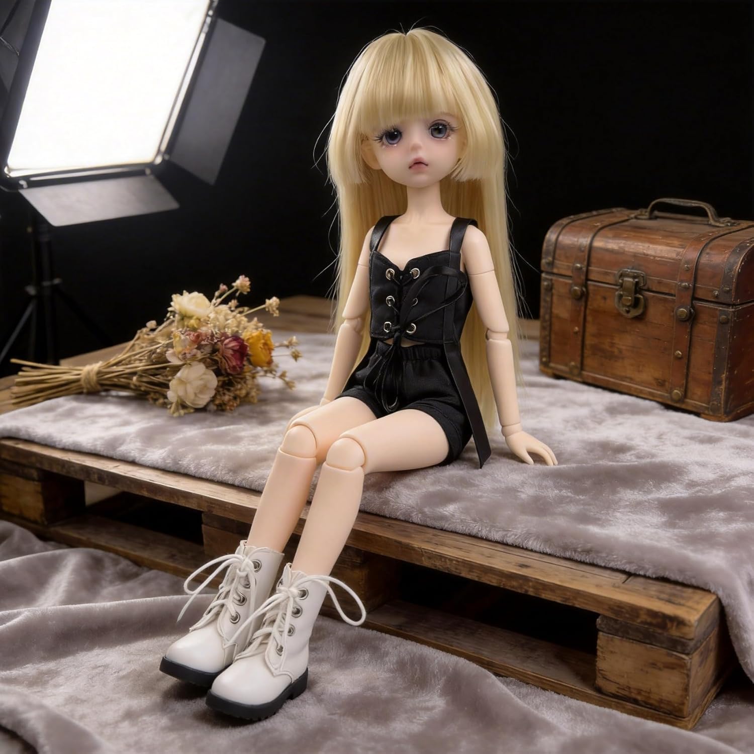 1/6 BJD Doll Clothes for YoSD Girl Dolls, 30cm Doll Outfits Set - Black Lace Crop Top & Tulle Skirt, White Shoes, Gothic Maid Cosplay Costume Accessories