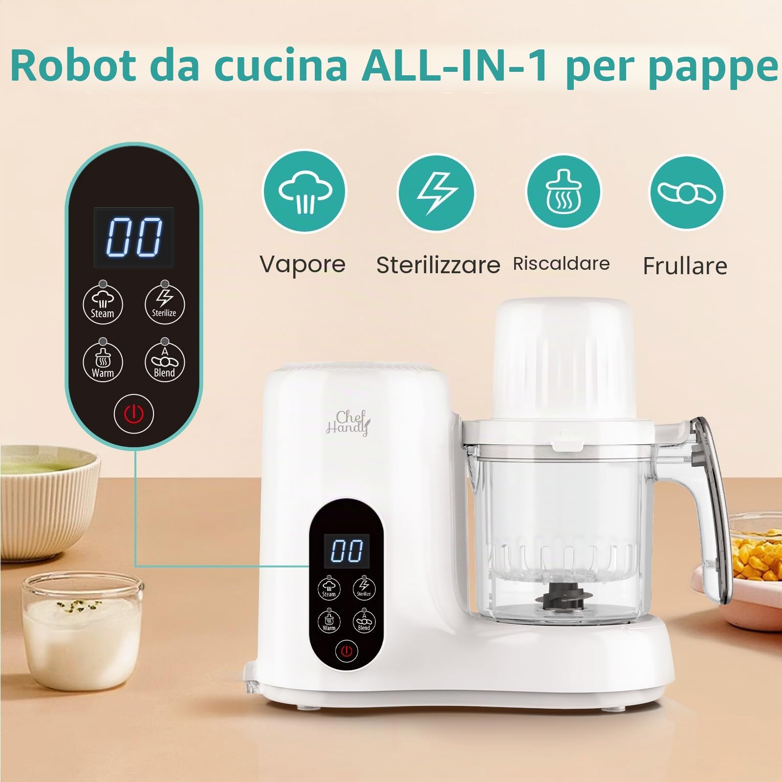 Chefhandy Preparatore 5 in 1 per Alimenti e Porridge per Bambini con Vaporizzatore, Cestello a Vapore, Miscelatore Automatico, Scaldabiberon, Schermo Touch Bianco