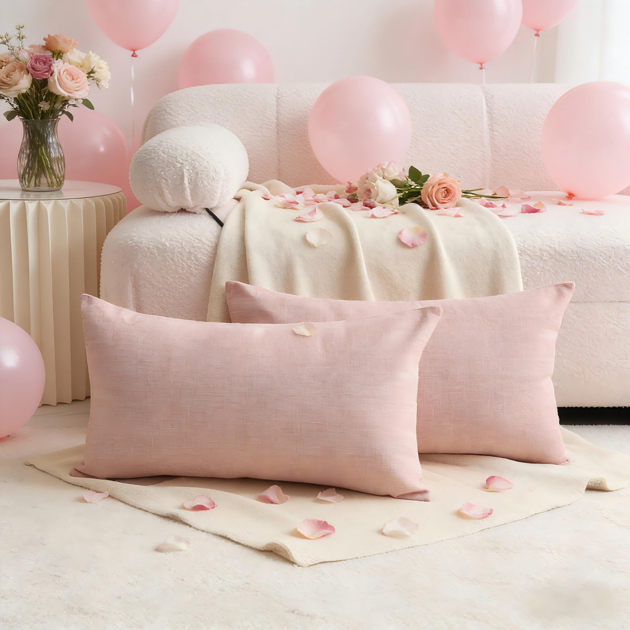 Demetex Pink Linen Pillow Covers 12 x 20 Decorative Valentines Pillowcases Set of 2 Rectangle Throw Pillows for Couch Bedroom Girls Woman Gifts, 12x20