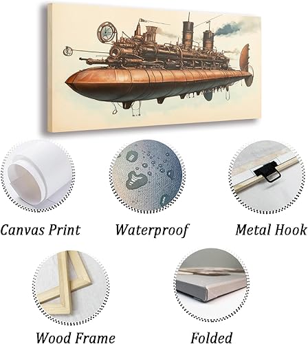 Miniatura 2 de Framed Vintage Mechanical Airship Wall Art Retro Industrial Metal Canvas Print Steampunk Style Fantasy Machine Illustration Artwork for Living Room