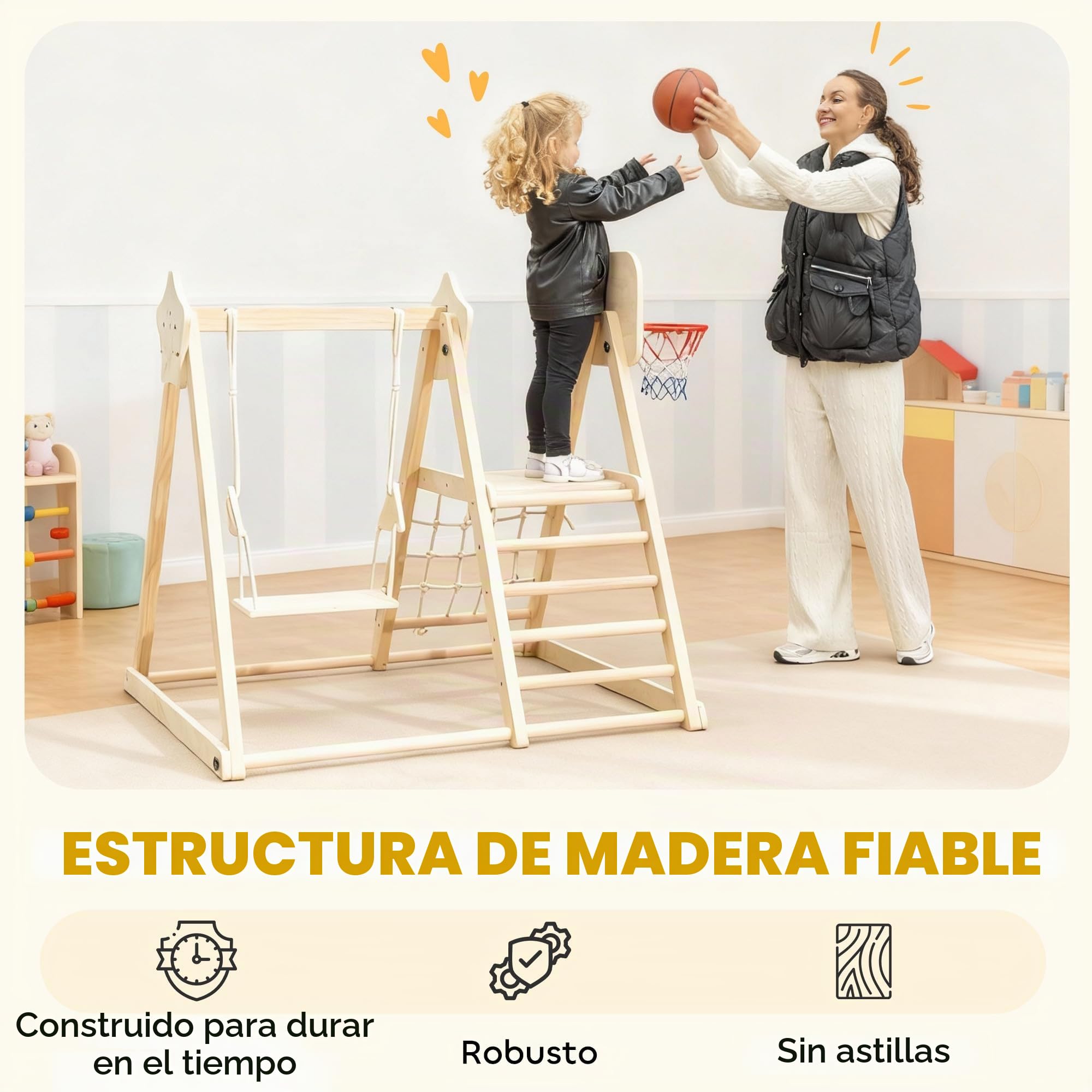 AIYAPLAY Tobogán Infantil 5 en 1, Estructura de Escalada de Madera con Tobogán, Columpio, Aro de Baloncesto, Tabla, Red de Escalada, Parque Plegable para Niños de 3-6 Años, Interior, Exterior, Natural