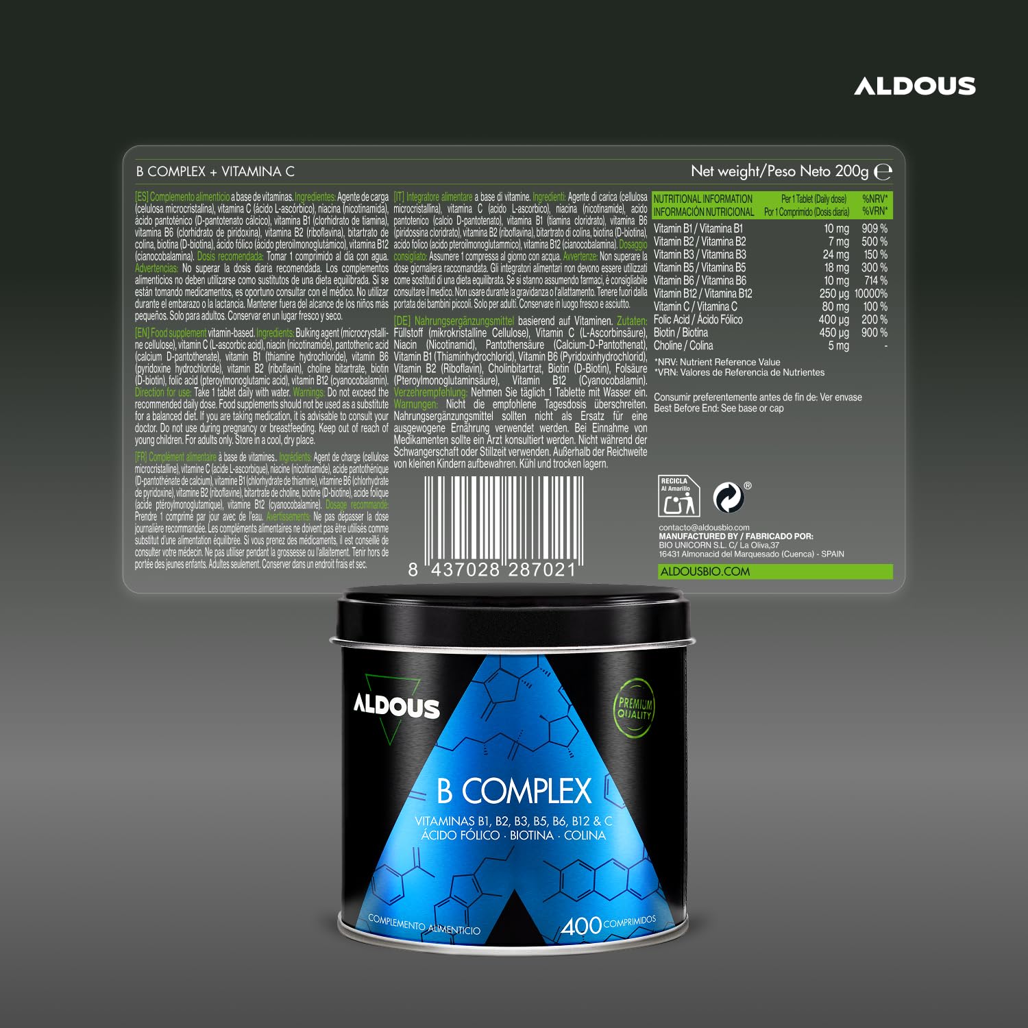 Vitamina B Complex + Vitamina C - 400 Comprimidos - Más de 1 Año - Multivitaminas - Complejo Vitamínico Completo - Vitamina B12, B1, B2, B3, B5, B6, Ácido Fólico, Biotina, Colina - Vegano - ALDOUS