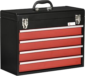 DURHAND Boîte à outils métallique portable de 15,6 po avec fermeture à loquet en métal, coffre à outils verrouillable à 4 tiroirs avec glissière à billes pour garage, maison et entrepôt, rouge