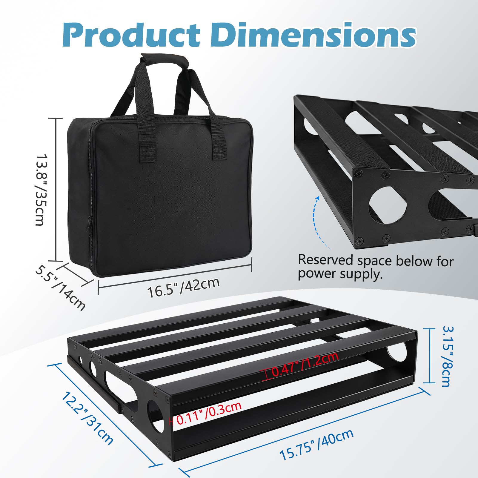Gitarren-Pedalboard mit Netzteil, 39,9 x 31 x 7,9 cm, Metall-Bass-Pedalständer, schwarze Effekt-Pedalboards mit 4 Stück 15,2 cm Gitarren-Pedalkabel, Tragetasche, selbstklebendes Hakenband