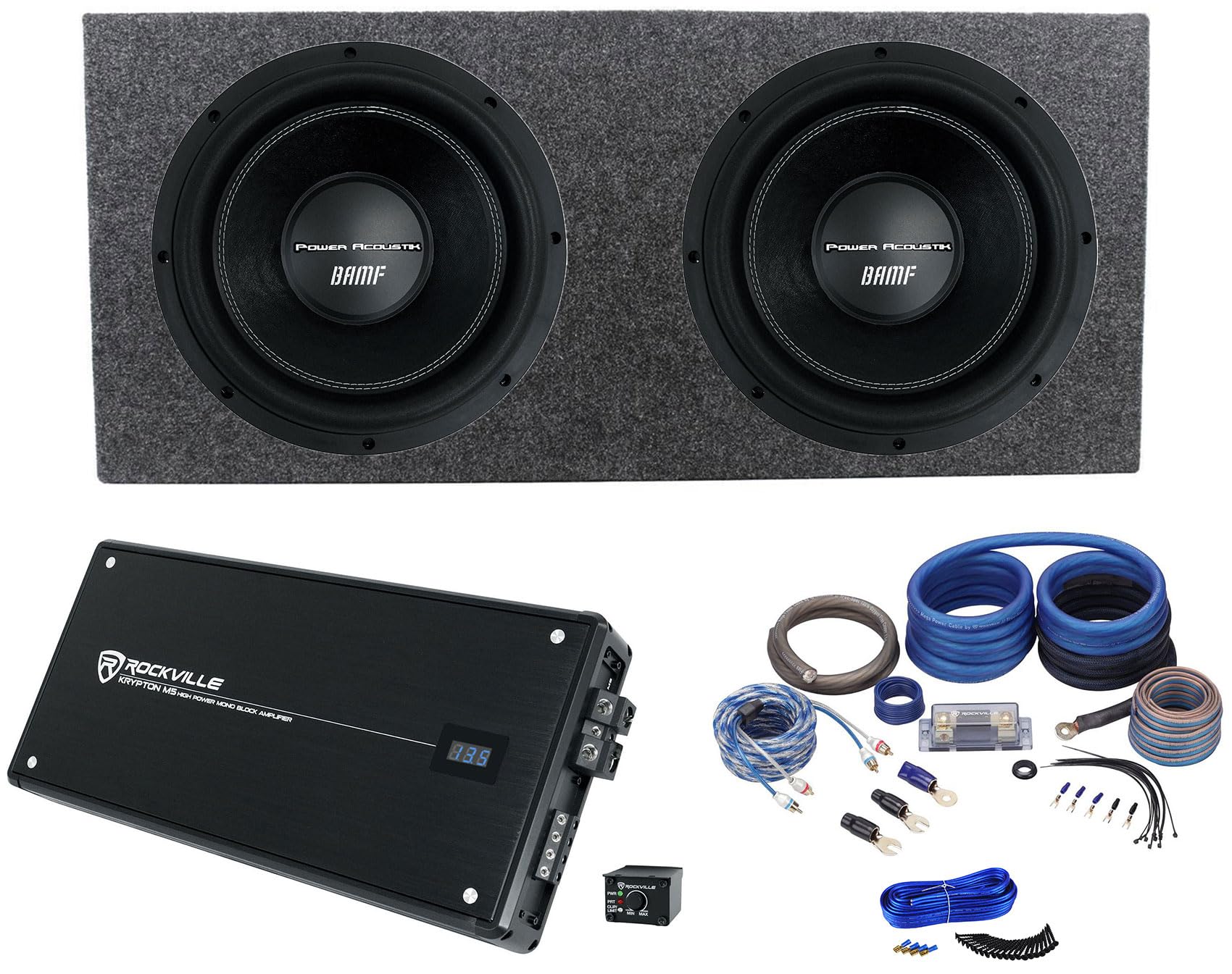 Audiosavings Bundle: (2) Power Acoustik BAMF-124 Subwoofer Bundle with Rockville Krypton M5 Amplifier, Rockville RWK0CU Amp Kit, Rockville RD12 Subwoofer Enclosure, Sub Box Enclosure Kit (6 Items)