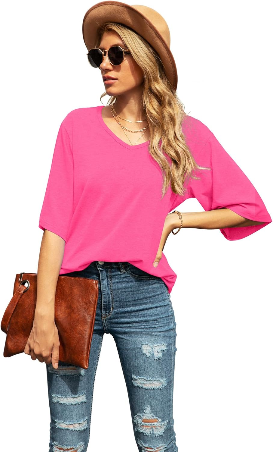 SUEANI Women's Blouse Tops Loose V Neck 3/4 Bell Sleeve Shirt - Image 5