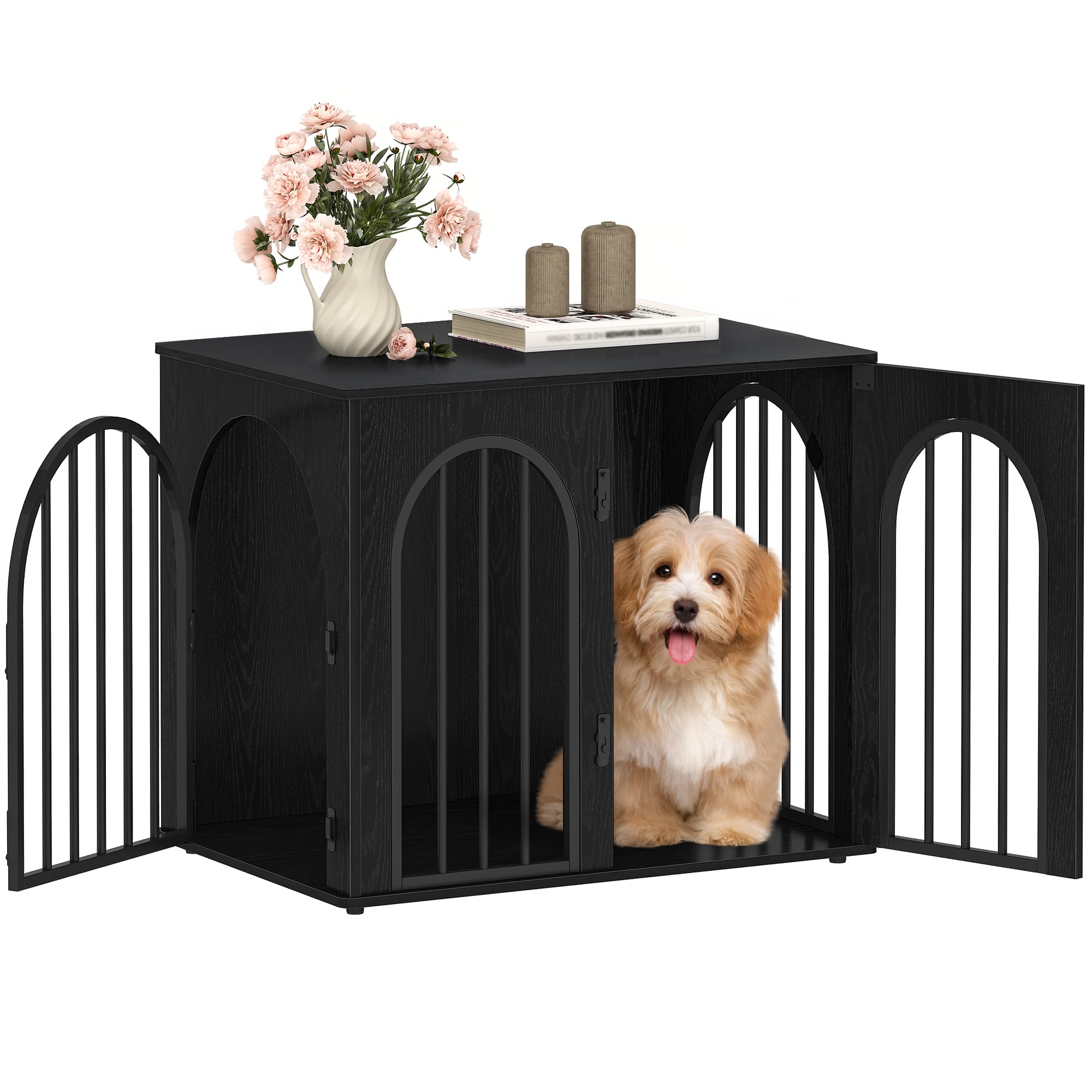 Hzuaneri Dog Crate Furniture, 68 cm Wooden Dog Crate, Indoor Kennel for Small Dogs, End Side Table Animal Crates, Anti-Chew, Anti-Escape, Arched Door Design, Black DFC85504B — image 1