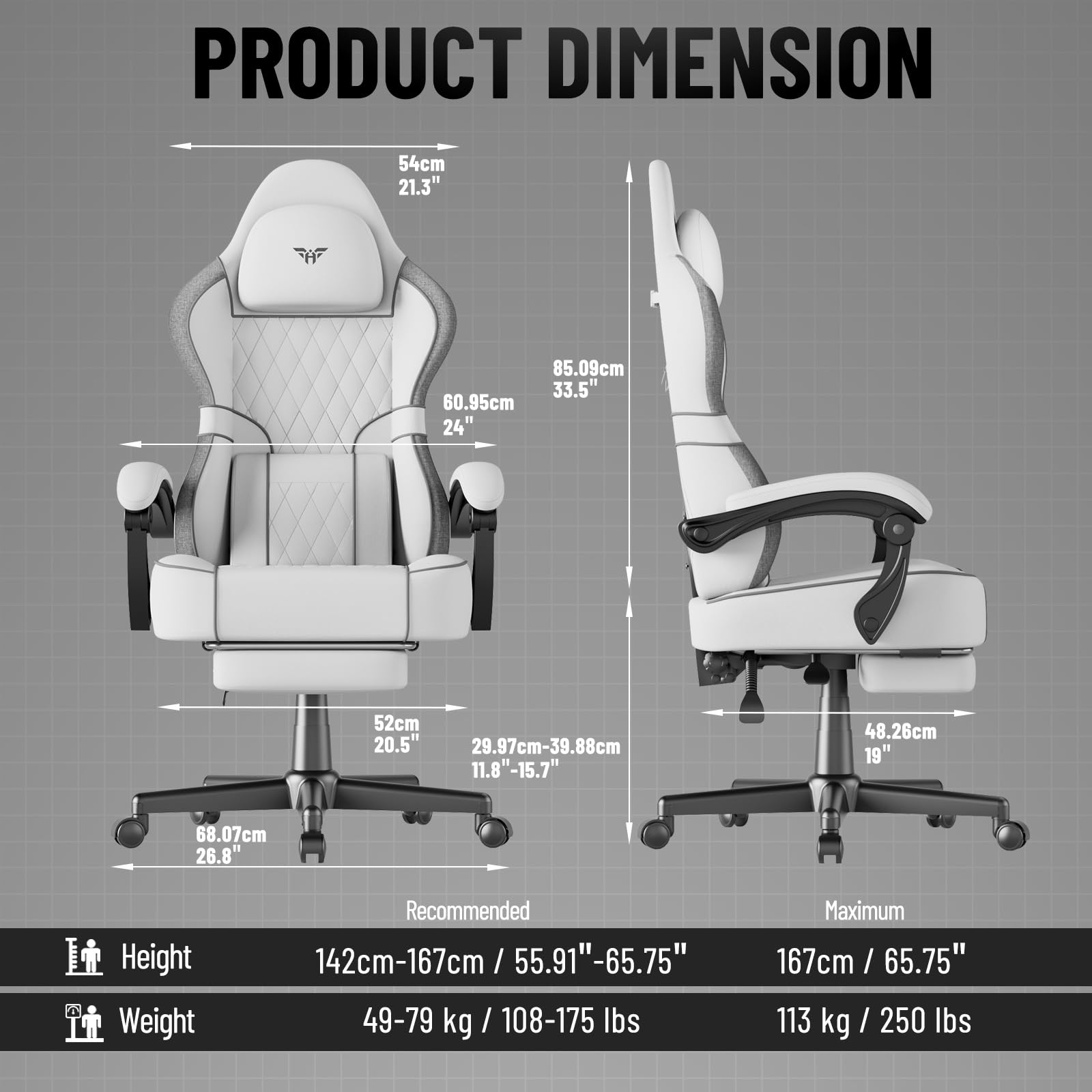 Ferghana Chaise Gaming Ergonomique，Fauteuil Game en Respirant，Gaming Chair avec Réglable Appui-tête,Coussin Lombaire Massage,Repose-Pied,Chaise de Bureau PC pour Bureau de Jeu (Blanc,Tissu Lin)