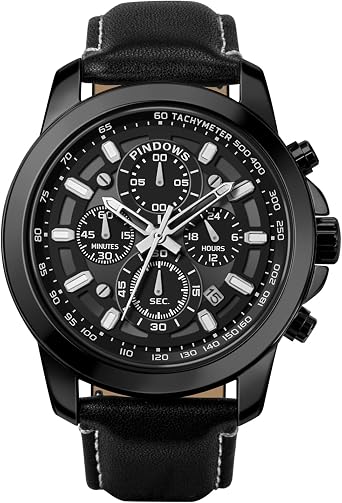 PINDOWS Men's Chronograph Watch, Analogue Quartz with Leather Strap