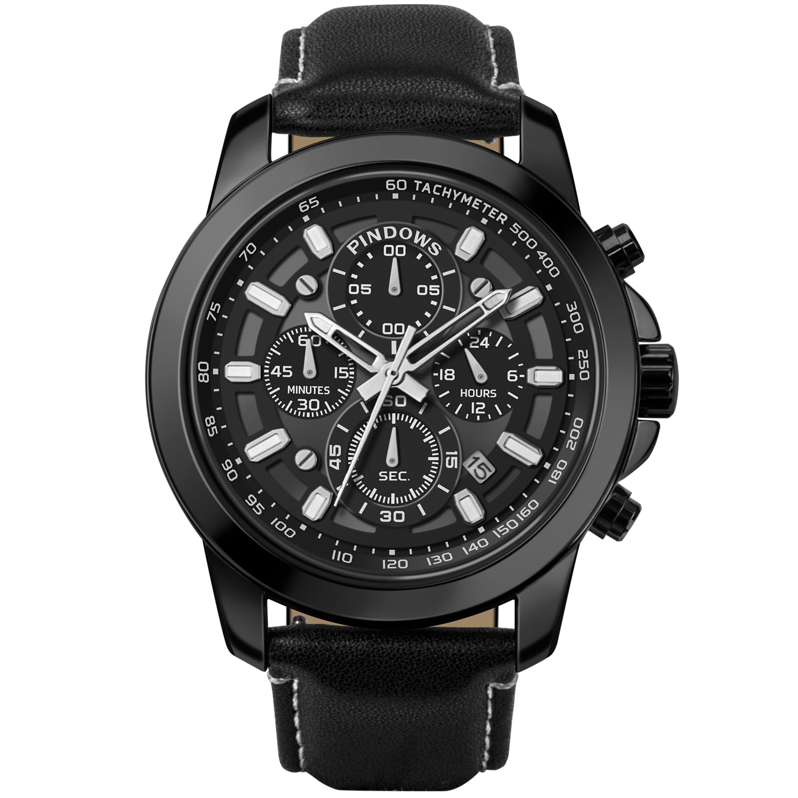 PINDOWS Watches for Men, Men's Analog Quartz Chronograph Watches Waterproof Business Casual Dress Watch with Black Brown Leather Strap
