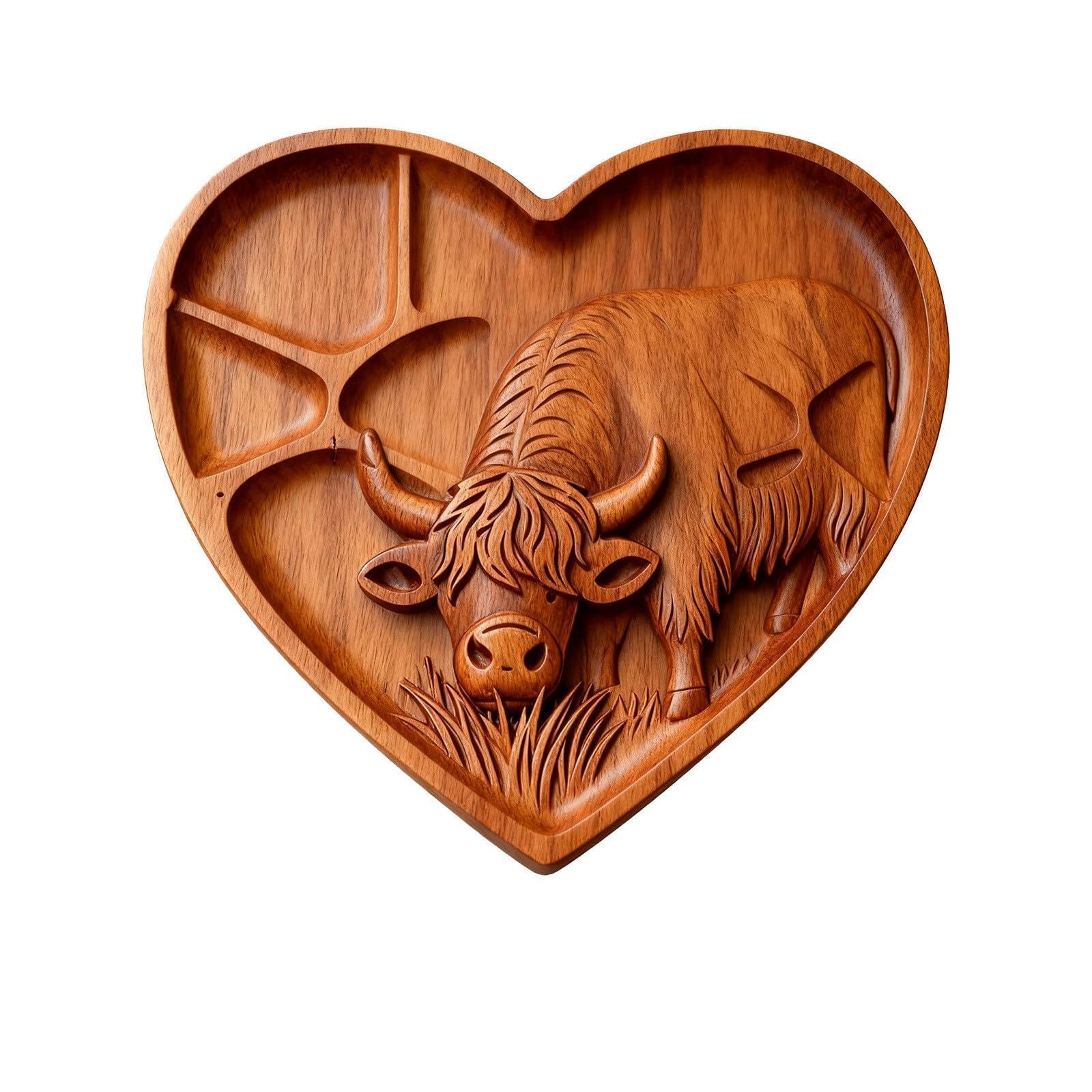 12Inch Highland Cow Wooden Charcuterie Board - Highland Cow Food Serving Snack Tray - Cow Charcuterie Board with Compartments for Cheese, Meat, Fruit & Snacks, Party Platter (1PCS D)