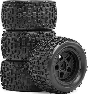 Pre-Glued RC 1/16 & 1/18 Monster Truck Tires, Soft Rubber Tire and Nylon Wheels Rims with 12mm hex Compatible with ARRMA 1/18 Granite/Typhon Grom, WLtoys A949, MJX Hyper Go H16 RC Buggy, 4PCS (Black)