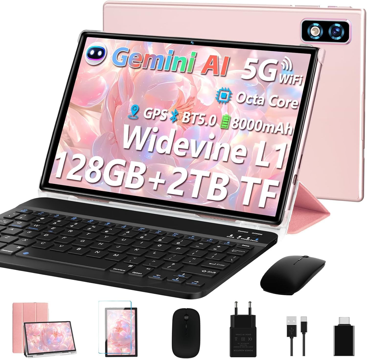 2026 Novità Tablet 10 Pollici Android AI, 22GB RAM + 128GB ROM (TF/2 To), Tablet Touch 5G+2.4G WiFi, Octa-Core 2.0 GHz, 8000 mAh, GMS, Widevine L1, BT 5.0, Tablet Con Tastiera E Mouse – Oro Rosa