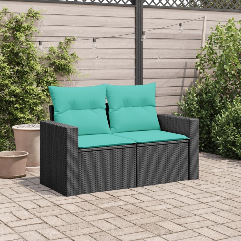 Garden Sofa Black Poly Rattan 2-Seater, Adjustable Feet, Powder-Coated Steel Frame, Outdoor Lounge Seating for Patio, Balcony Patio Chair
