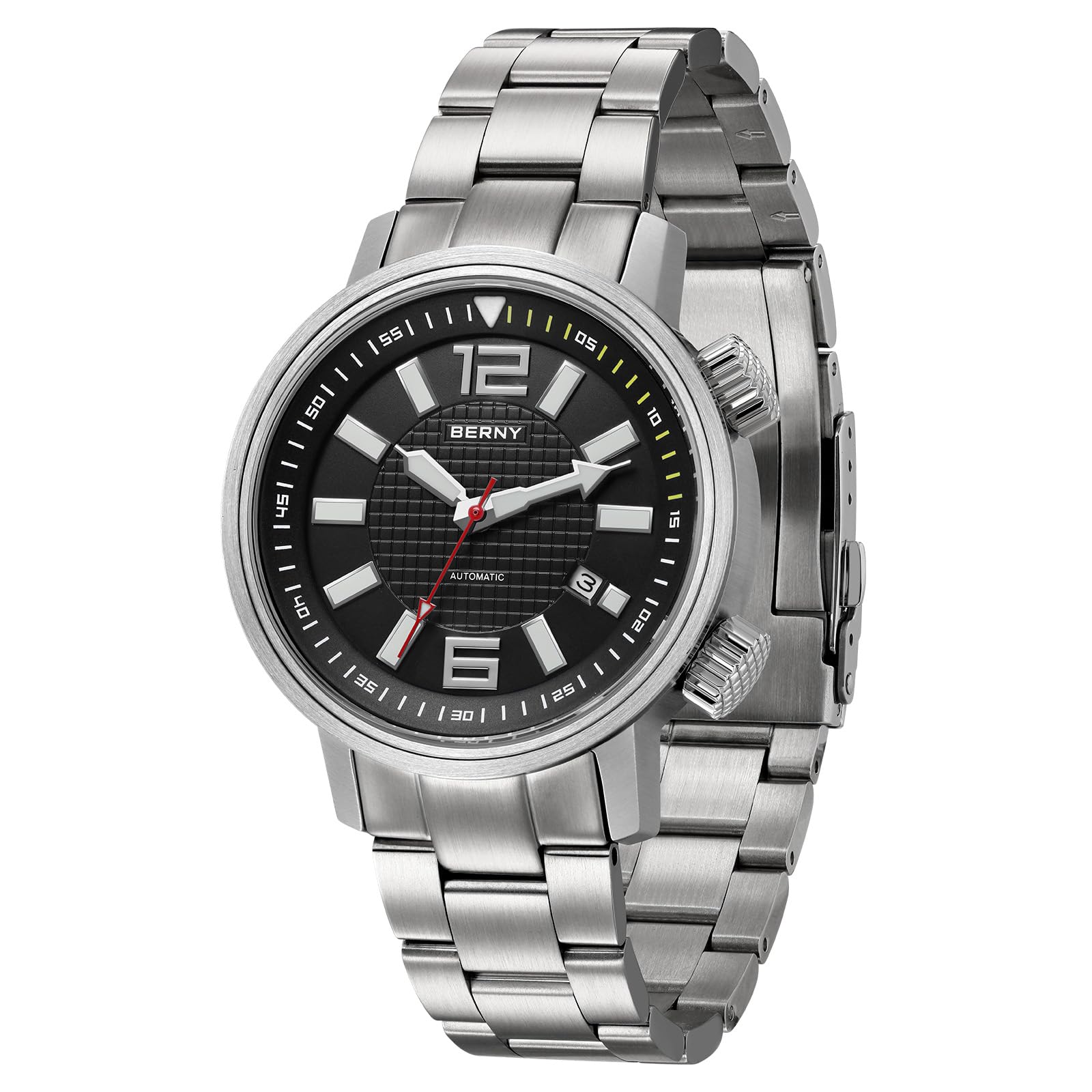 BERNY Taucheruhr Automatisches Werk 8215 Mechanische Armbanduhr Edelstahl Armband 200M Wasserdicht Saphirglas Super Leuchtstark