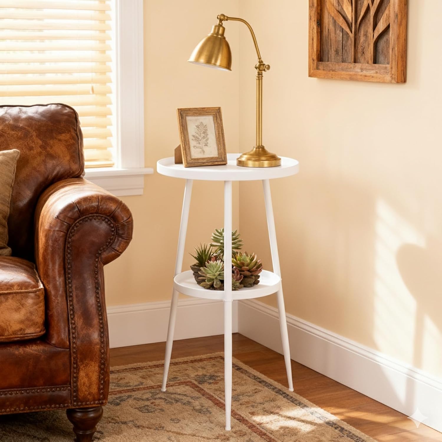 ShellKingdom Small Round Side Table, 2 Tier Metal End Table for Indoor Outdoor Bedroom Living Room Home Office Nightstand (White)