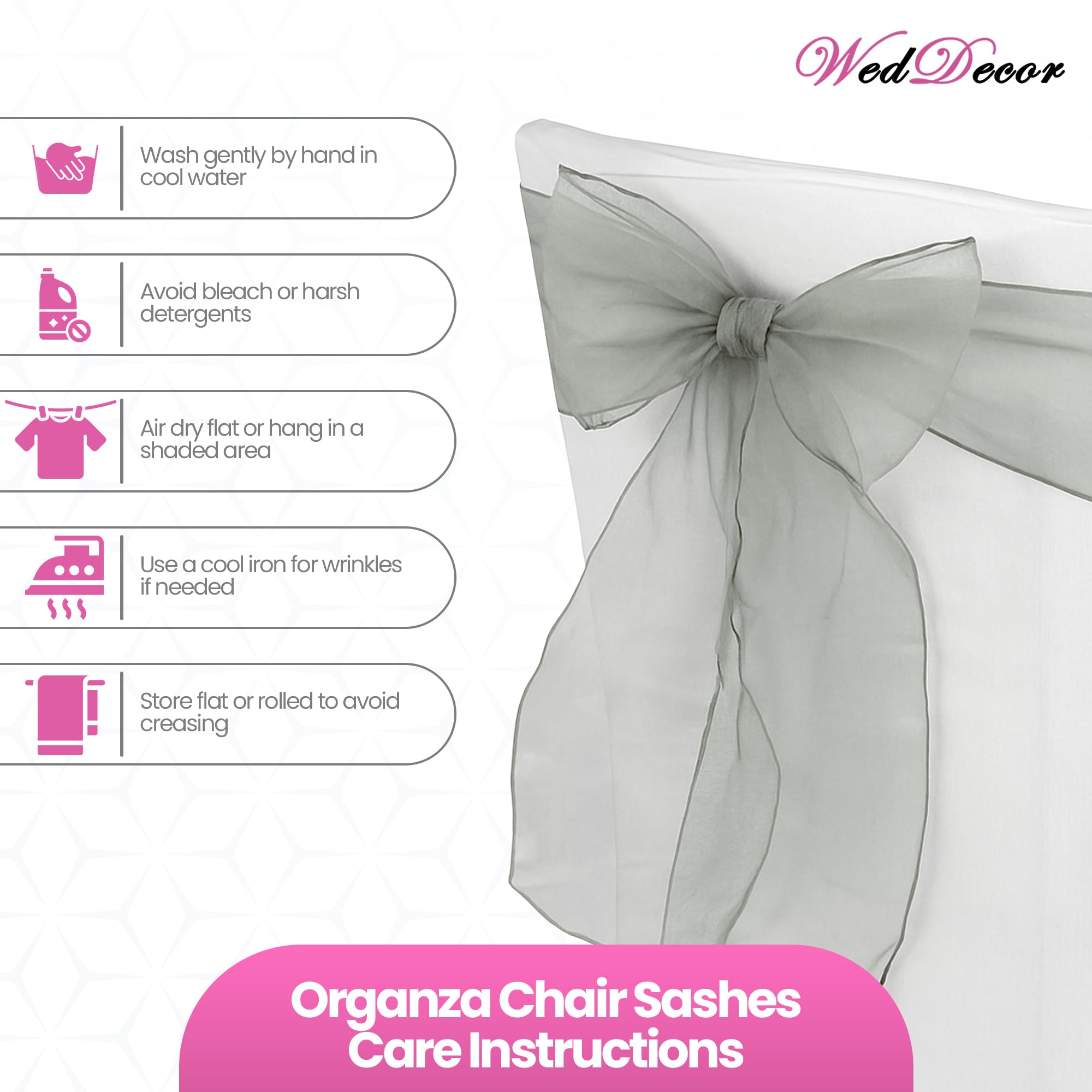 WedDecor Organza Écharpe pour Housses Chaise Fuller Nœud Rubans en Or Ancien pour Banquet, Anniversaire, Anniverysary, Noël Fêtes,Événement Décoration,17cm x 280cm - Argent