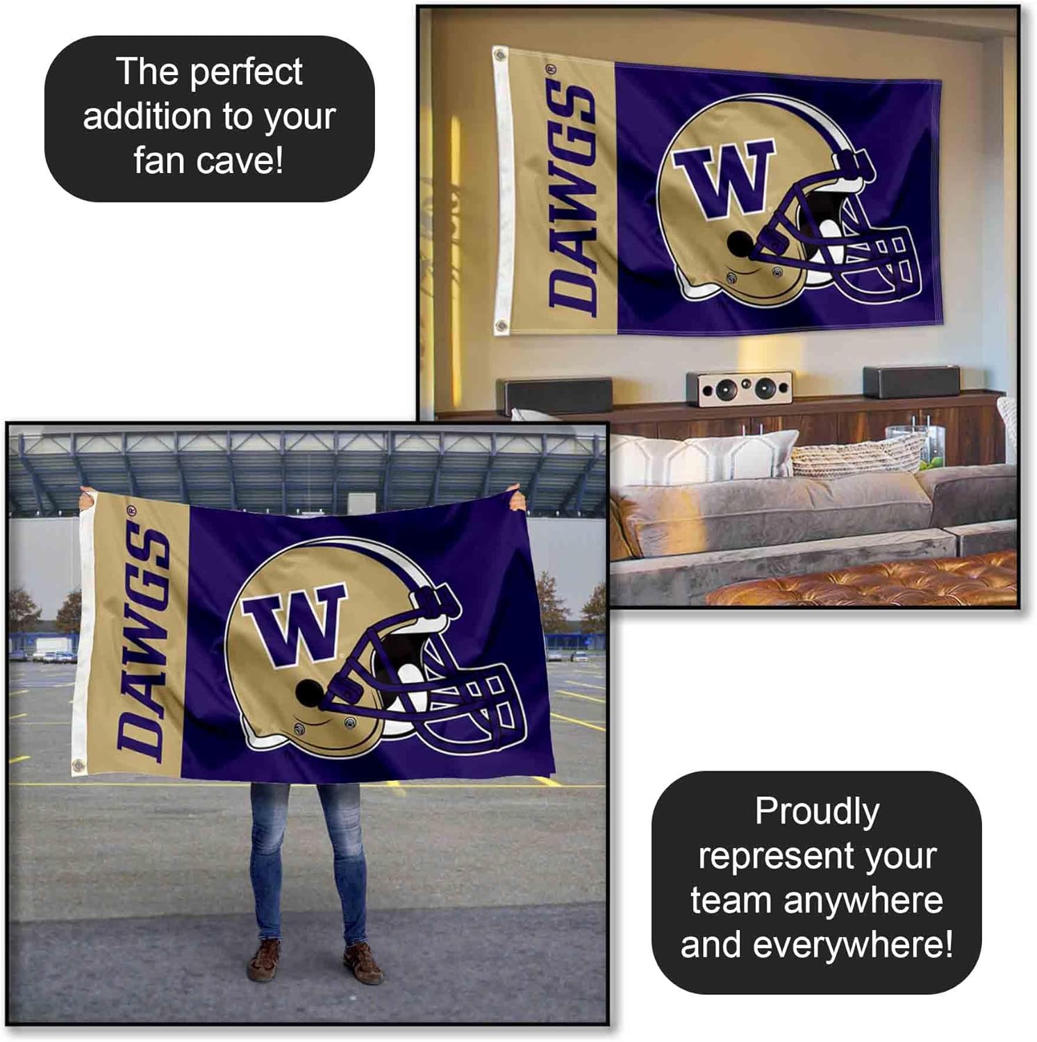 Washington UW Huskies Football Helmet 3x5 Flag