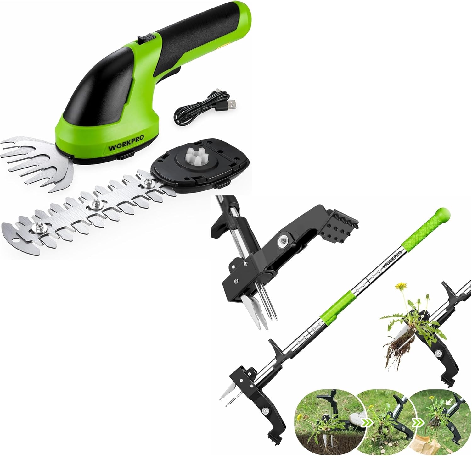 WORKPRO Cordless Grass Shear & Shrubbery Trimmer & 39" Stand Up Weed Puller Tool