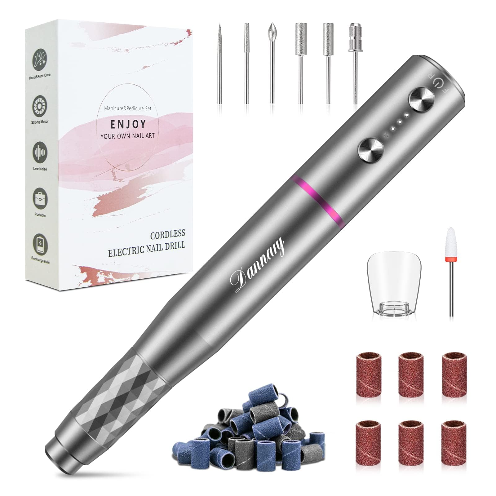 Photo 1 of Electric Nail Drill Machine Professional, Rechargeable Cordless Nail File with Bits Kit for Acrylic Gel Dip Nails, Efile Manicure and Pedicure Kit for Home Salon Grinding Polishing Removing, Gray