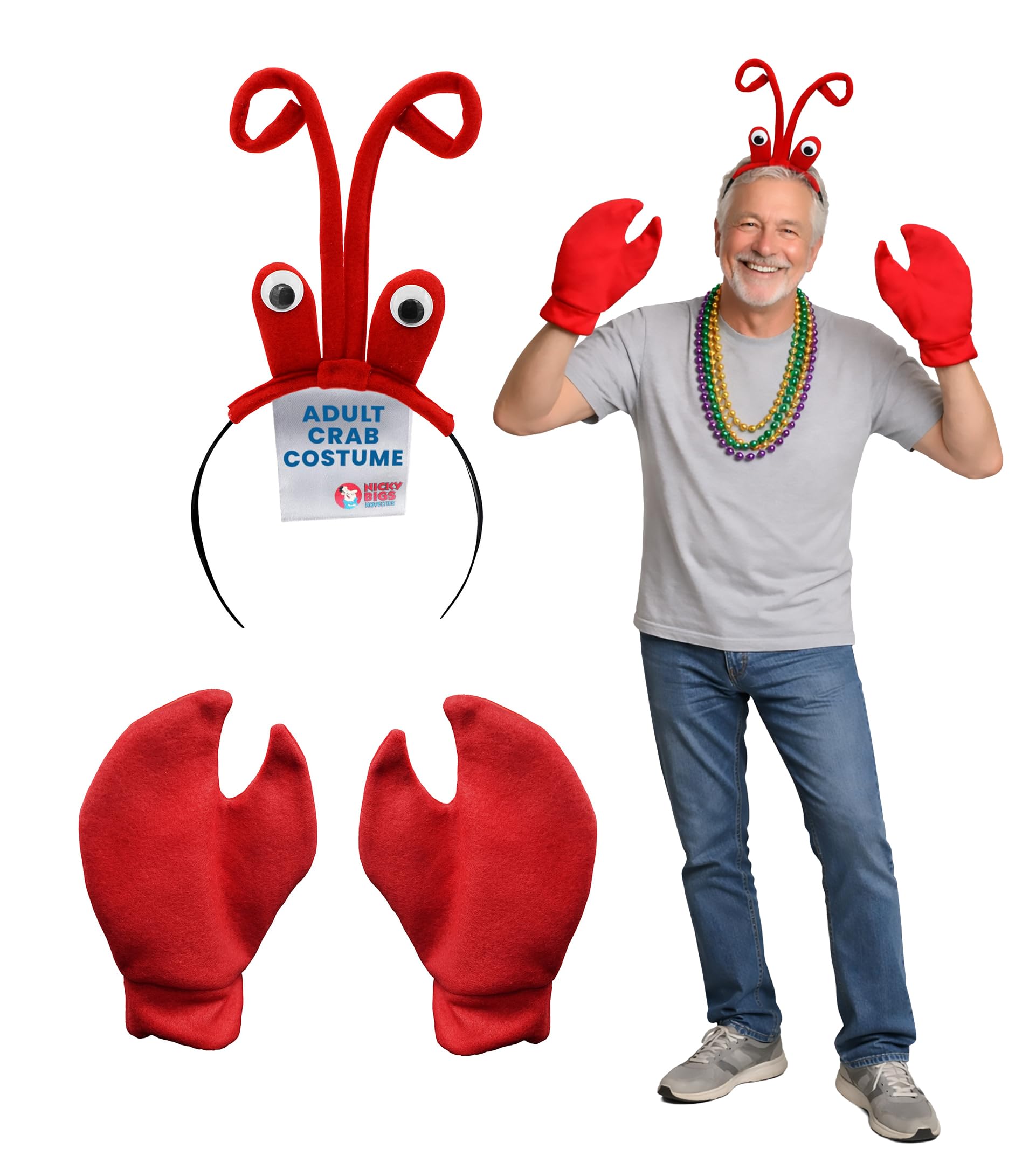 Nicky Bigs Novelties - Lobster Headband with Eyeballs, Adult Crab Costume Women and Men, Crawfish Red Headband and Claws, Crab Gloves Crawfish Hat Lobster, Sea Animal Lobster Costume Adult, One Size
