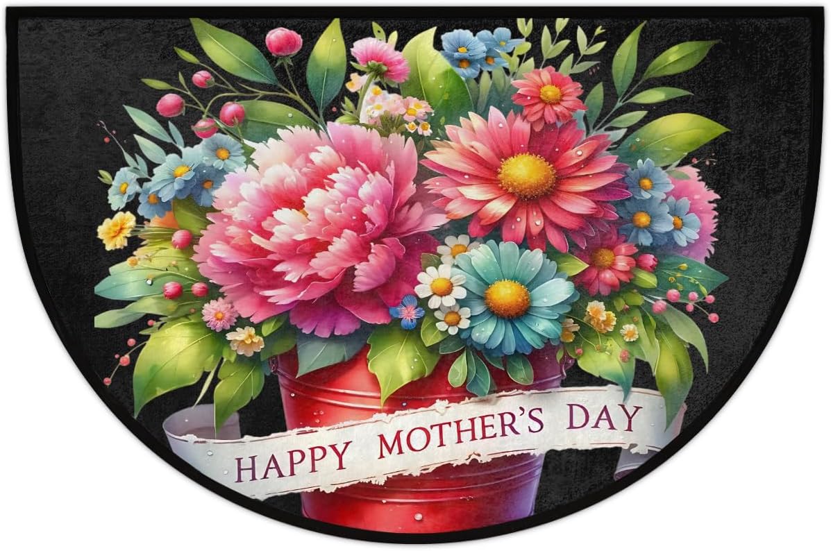 Half Round Doormat Mother's Day Color Flower Washable Semi Circle Rug Non Slip Absorbent Half Moon Rug Kitchen Mat for Indoor Outdoor Bathroom Patio Front Welcome Fireplace Hearth Floor Mat