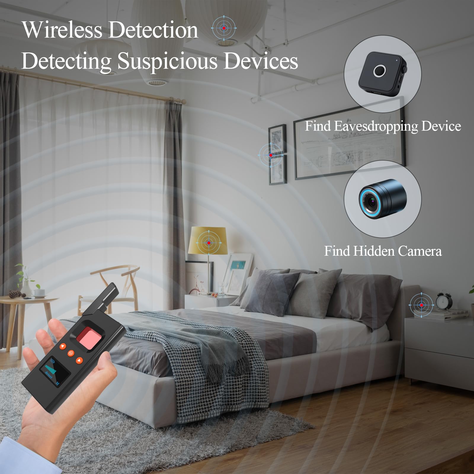 Wanzen Detektor & Kamera Finder, Kompakter RF Detektor 100 MHz–8 GHz, Magnetischer GPS Tracker Finder, 5-in-1 mit Taschenlampe und Vibrationsalarm für Hotel, Auto und Reisen