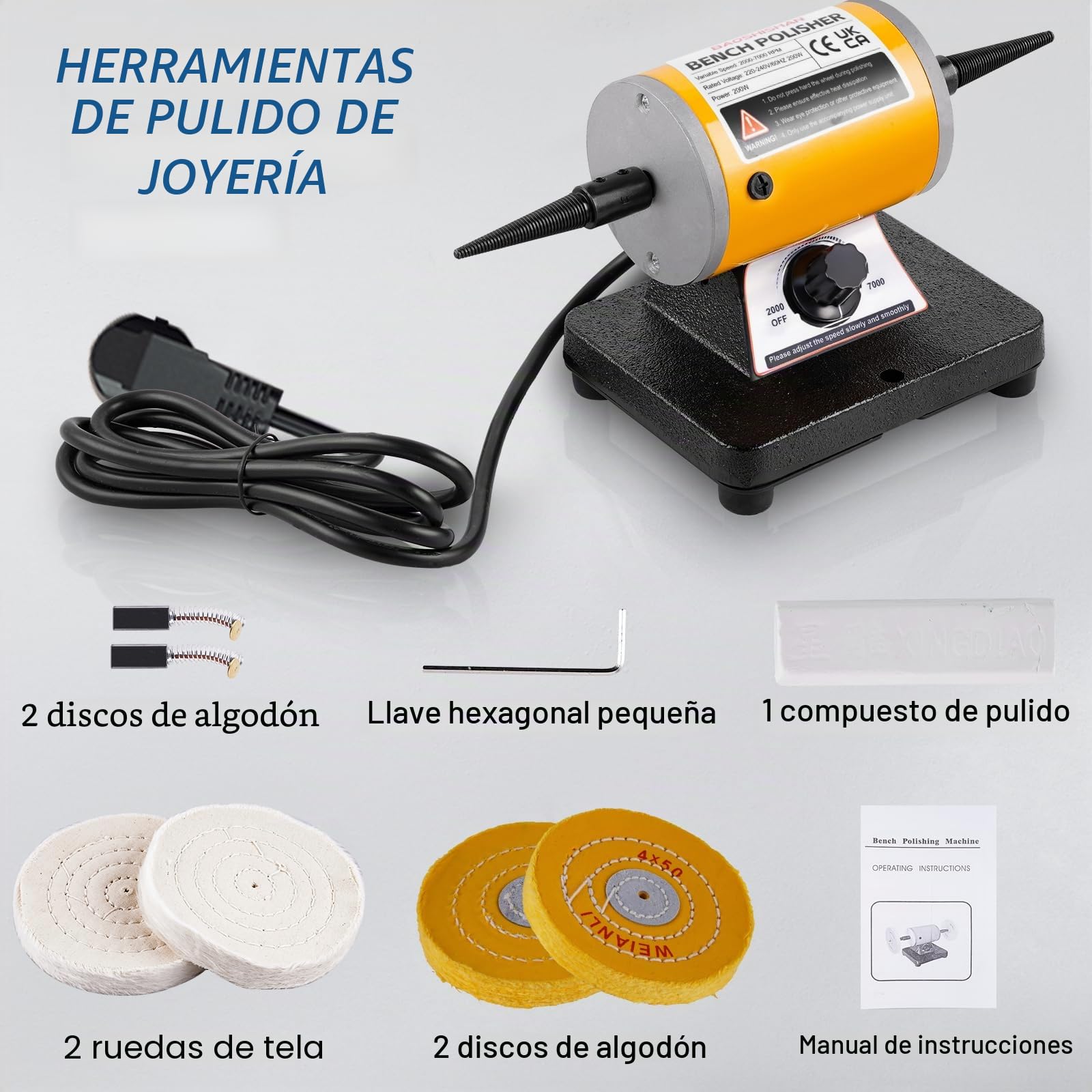 BAOSHISHAN Pulidora de Joyas Pulidora de Mesa 200W Esmeriladora de Banco de Velocidad Variable 7000rpm
