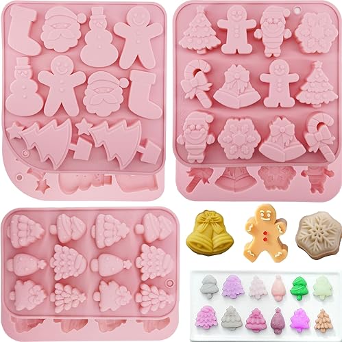 Paquete de 3 moldes de caramelo de chocolate de Navidad, moldes de silicona para vacaciones, árbol de Navidad, árbol de jengibre, copo de nieve,