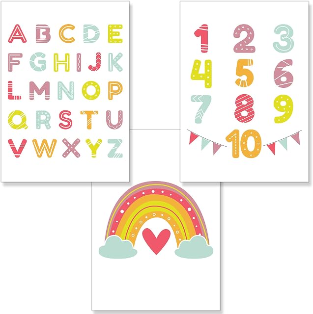 PREMYO Wall Art Prints Nursery Decor - Baby Room Decoration Girl Boy - Kids Poster Set Alphabet ABC Rainbow Picture A4