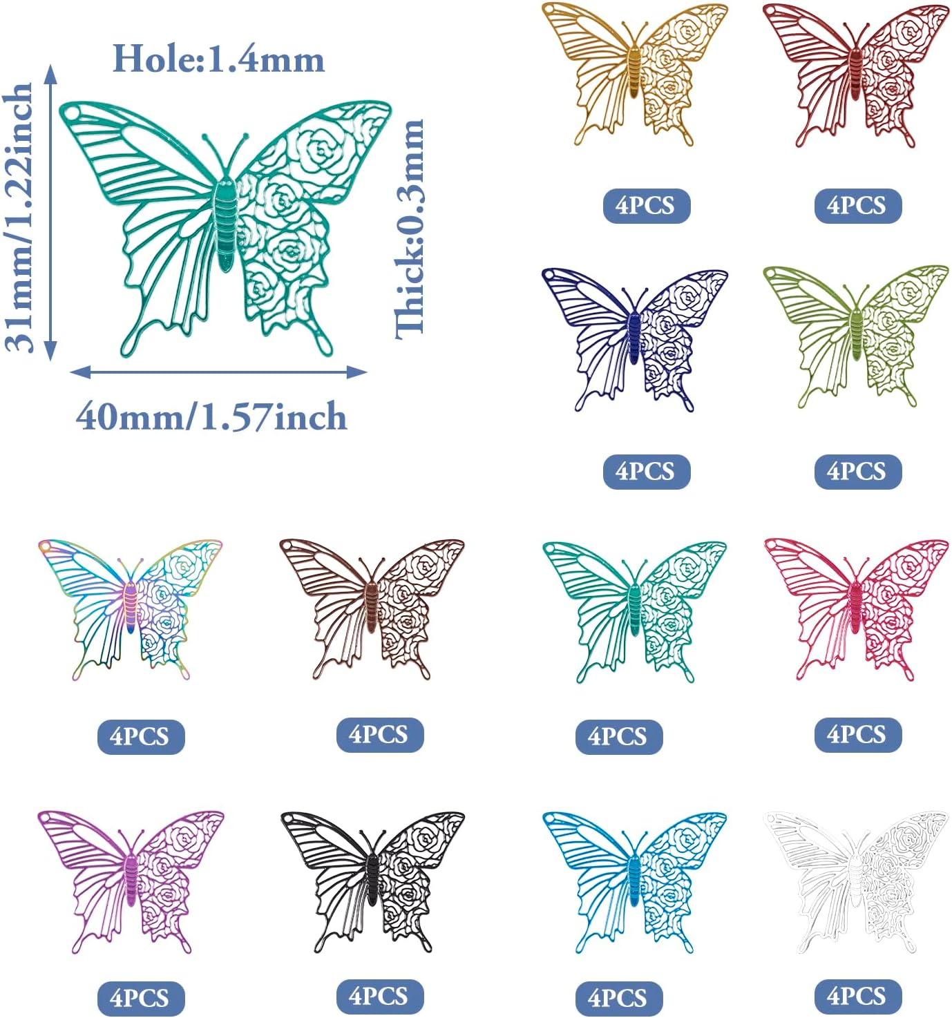 Rainbow Thin Filigree Charms Stainless Steel Teardrop Heart Pendants Metal Flower Leaf Butterfly Charms Etched Metal Embellishments for Earrings Jewelry Making Dream Catchers Crafts - Image 5