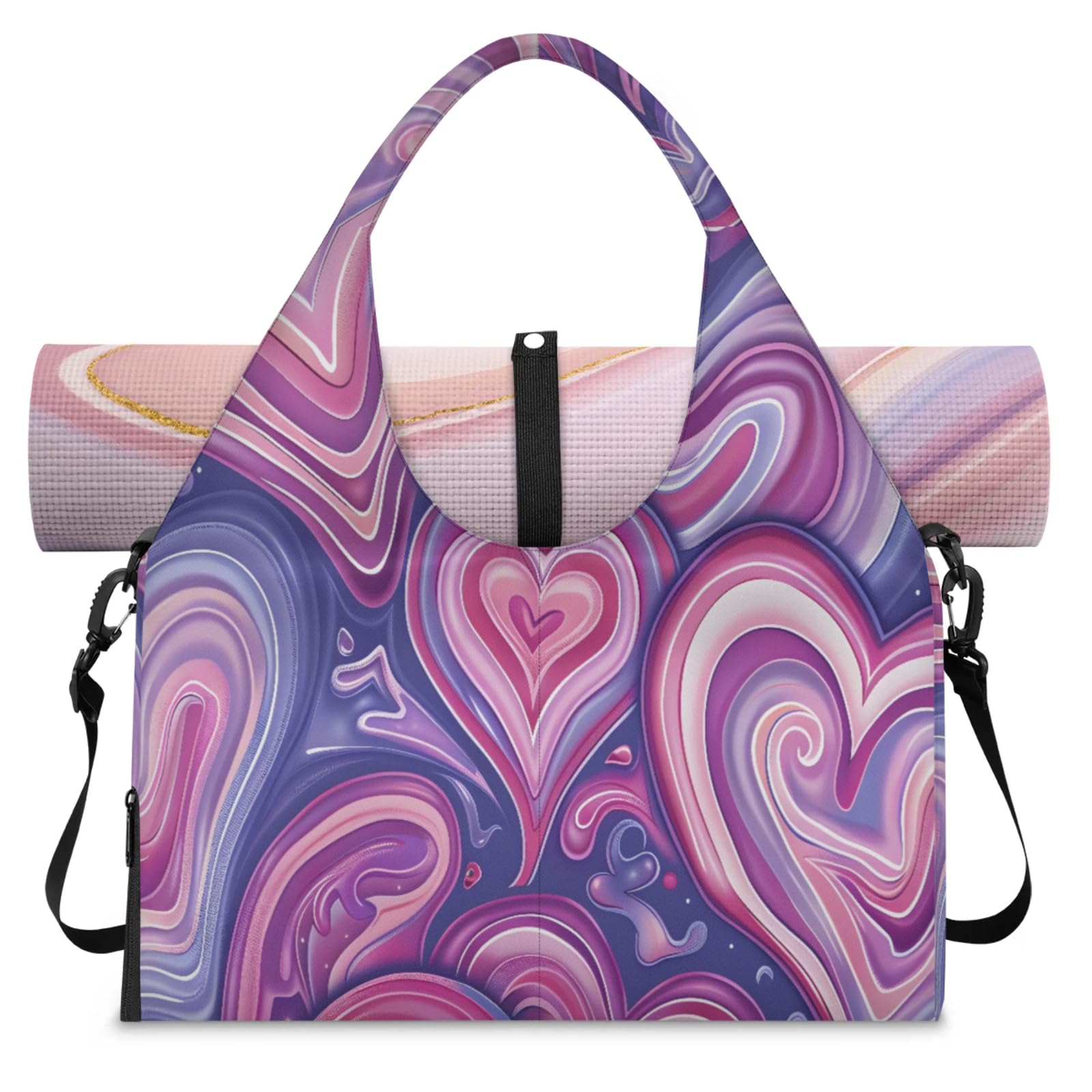 Eativisa Line Purple Heart Yoga Tote Bag - Women's Waterproof Gym Bag with Adjustable Shoulder Strap, Shoe Compartment, Multiple Pockets for Yoga Mat, Shoes (17.9 x 9.25 x 10.47 inches)