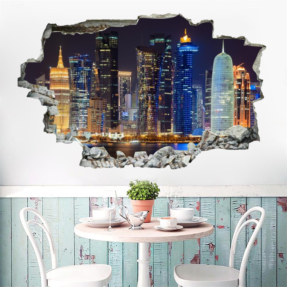 Tatuajes De Pared Wall Tattoo 3D Smashed Edificio De La Ciudad Adhesivo De Pared Extraíble Calcomanías Murales Para Habitaciones Paisaje Nocturno Niñas Niños Dormitorio Mural Decoración Para El Hogar